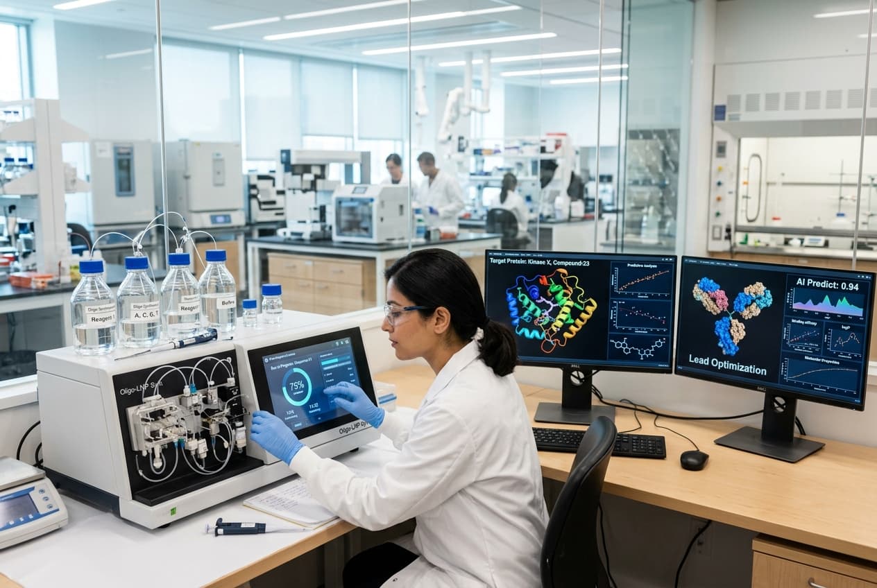 Scientist operating an automated oligo and nanoparticle synthesizer alongside 3D molecular modeling and AI predictive design displays