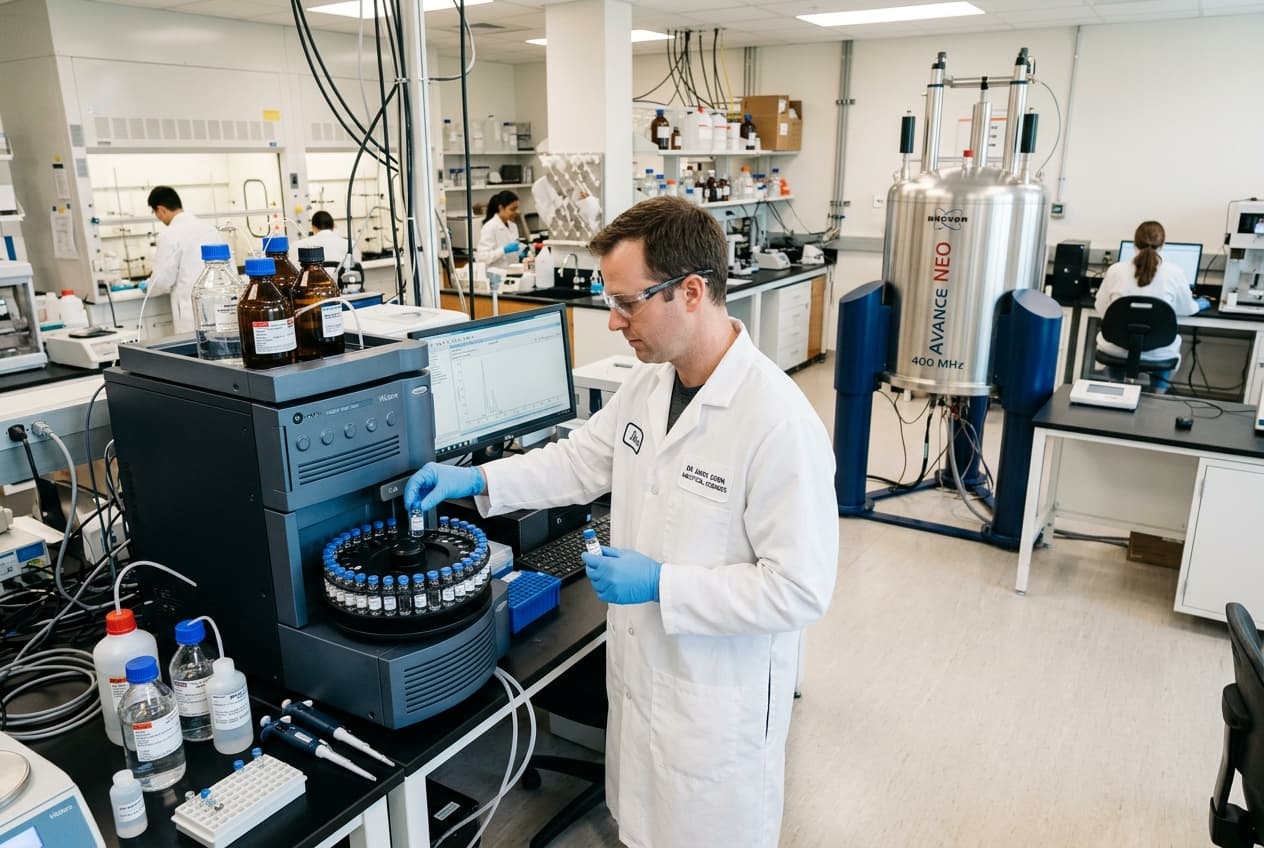 Analytical scientist loading samples into an LC-MS/MS system with 400 MHz NMR spectrometer in the laboratory
