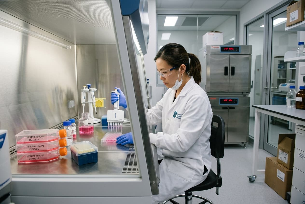 Biologist performing cell culture pipetting into a 96-well microplate inside a biosafety cabinet