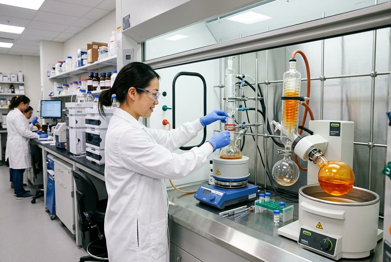 Chemist in a fume hood conducting reaction setup and rotary evaporation in the chemistry laboratory